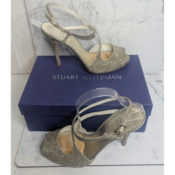 Stuart Weitzman Inviting sparkling strappy heels in Platinum Noir size 10 - Picture 13 of 13